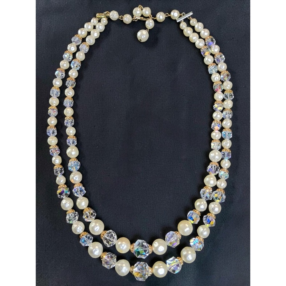 STUNNING Vintage Laguna Double Strand AB Crystal Pearl Necklace